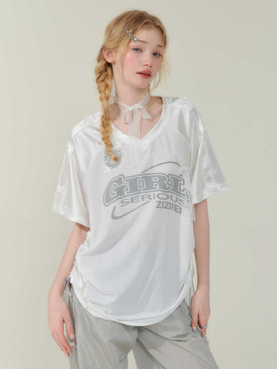 American Design Letter Print Loose Ribbon V-Neck Sporty T-Shirt ZIZ0168