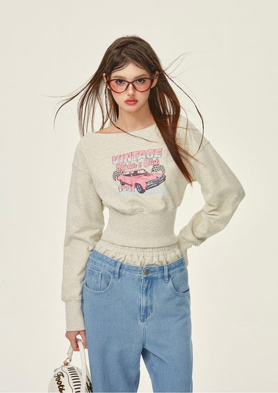 Gray Pure Cotton Waist American Retro Print Short Waist Sweatshirt GIF0072