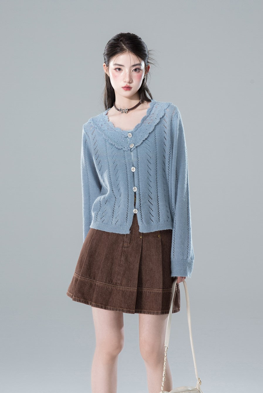 Salty Morning Mist Blue Crochet Mohair Cardigan COT0153