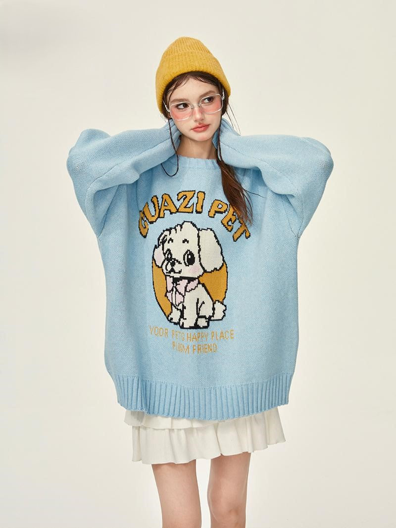 Cute Dog Blue Thick Loose Knitted Sweater GIF0068