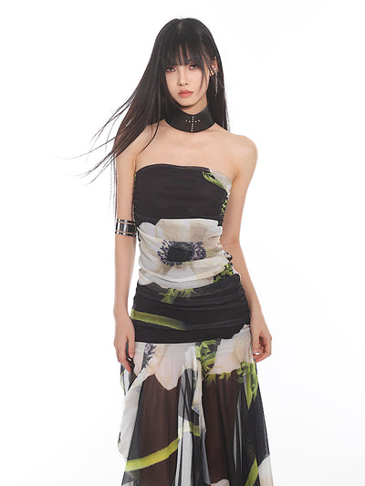 Flower Print Tube Top Mesh Dress UNC0107