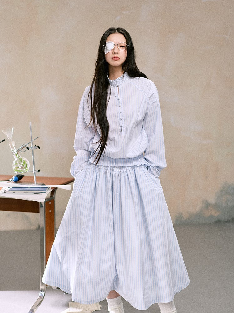 Round Neck Striped Shirt/Half-length Umbrella Skirt LAL0105