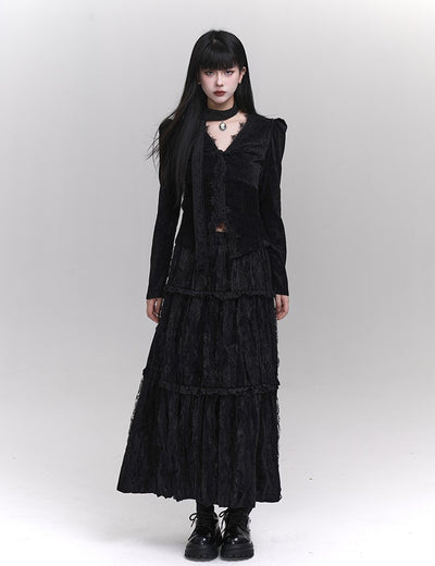 Black Velvet Top/Pleated Long Skirt LAD0125