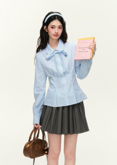 College Style Embroidered Check Tie Shirt/Gray Skirt NTO0127