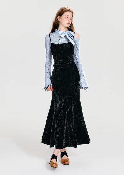 Off-shoulder Velvet Fake Two-piece Fishtail Dress BOH0052