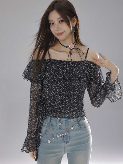 Off-the-shoulder floral ruffle suspender top LAC0231