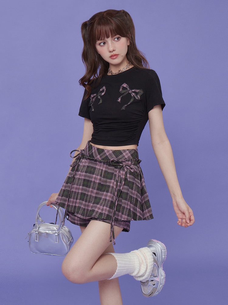 Ribbon Strap Plaid Pleated Culottes Skirt SAG0159