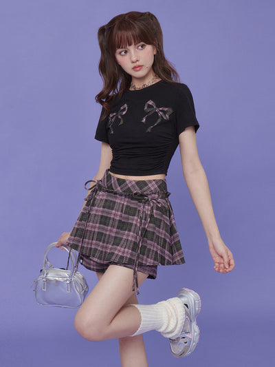 Ribbon Strap Plaid Pleated Culottes Skirt SAG0159