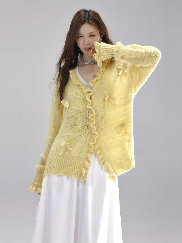 Soft knit ruffle cardigan with ribbon and pearl design LAC0229