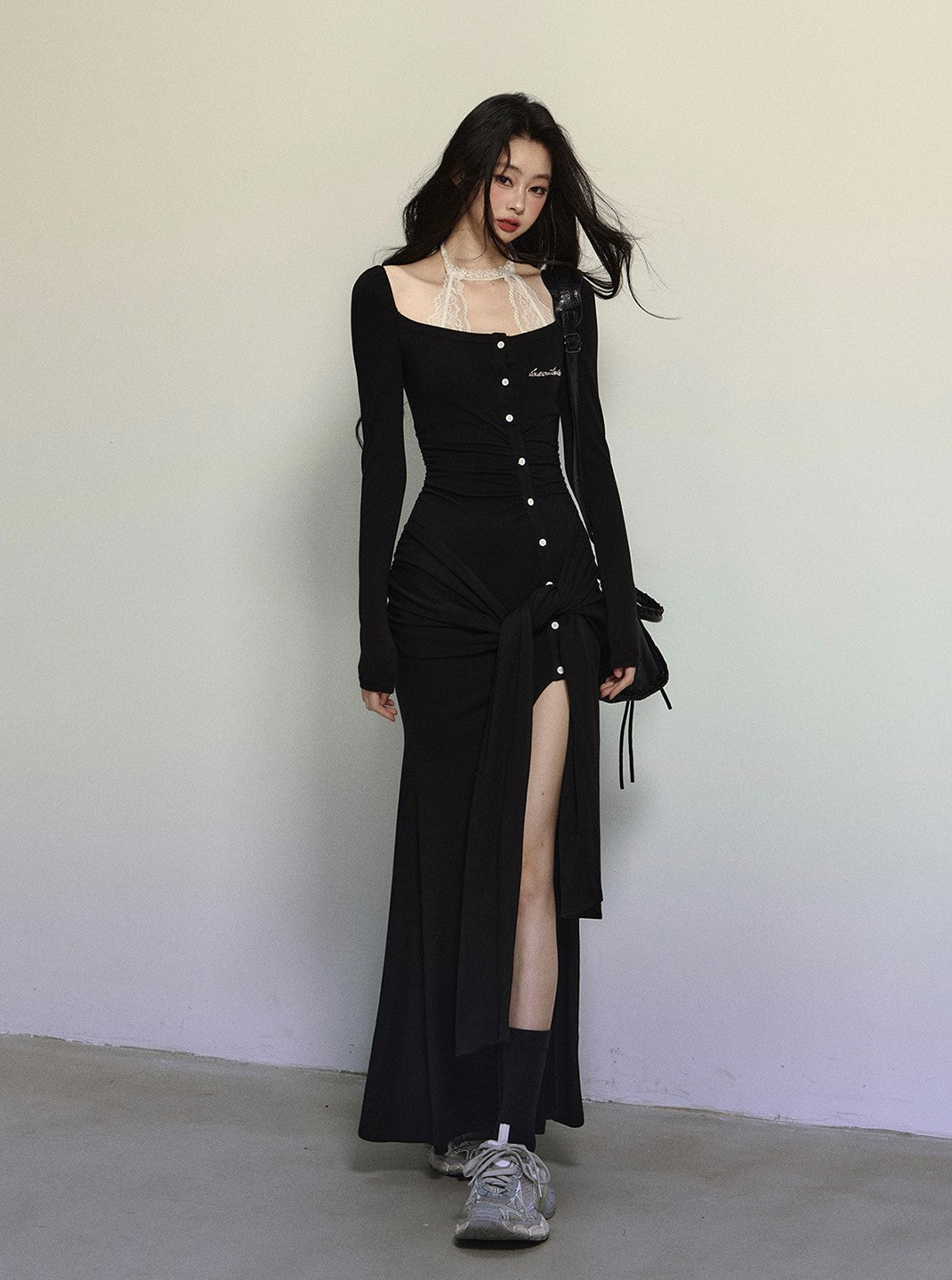 Fake Two-piece Knitted Slit Long Dress DIA0301