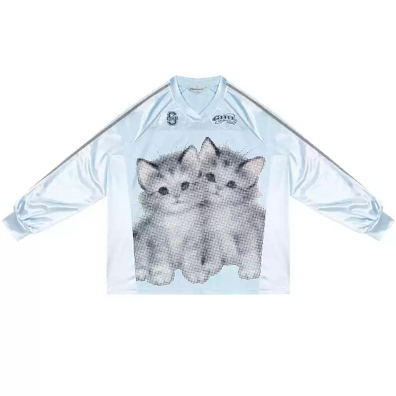 Cat Print V-Neck Long-Sleeved Jersey Top ZIZ0153