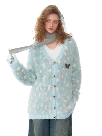 American Retro Blue Leopard Pattern Soft Knit Cardigan ZIZ0207