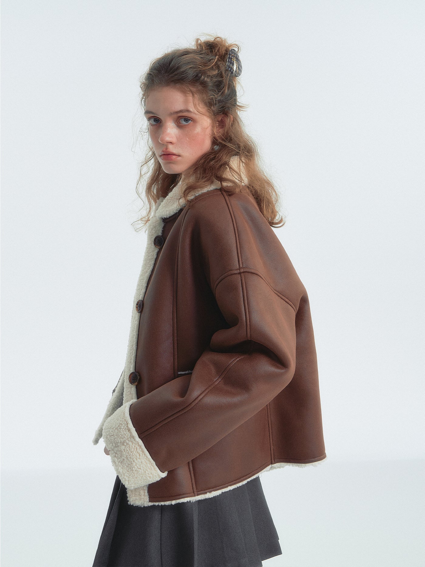 Brown Lapel Shearling Fur Short Jacket SOM0141