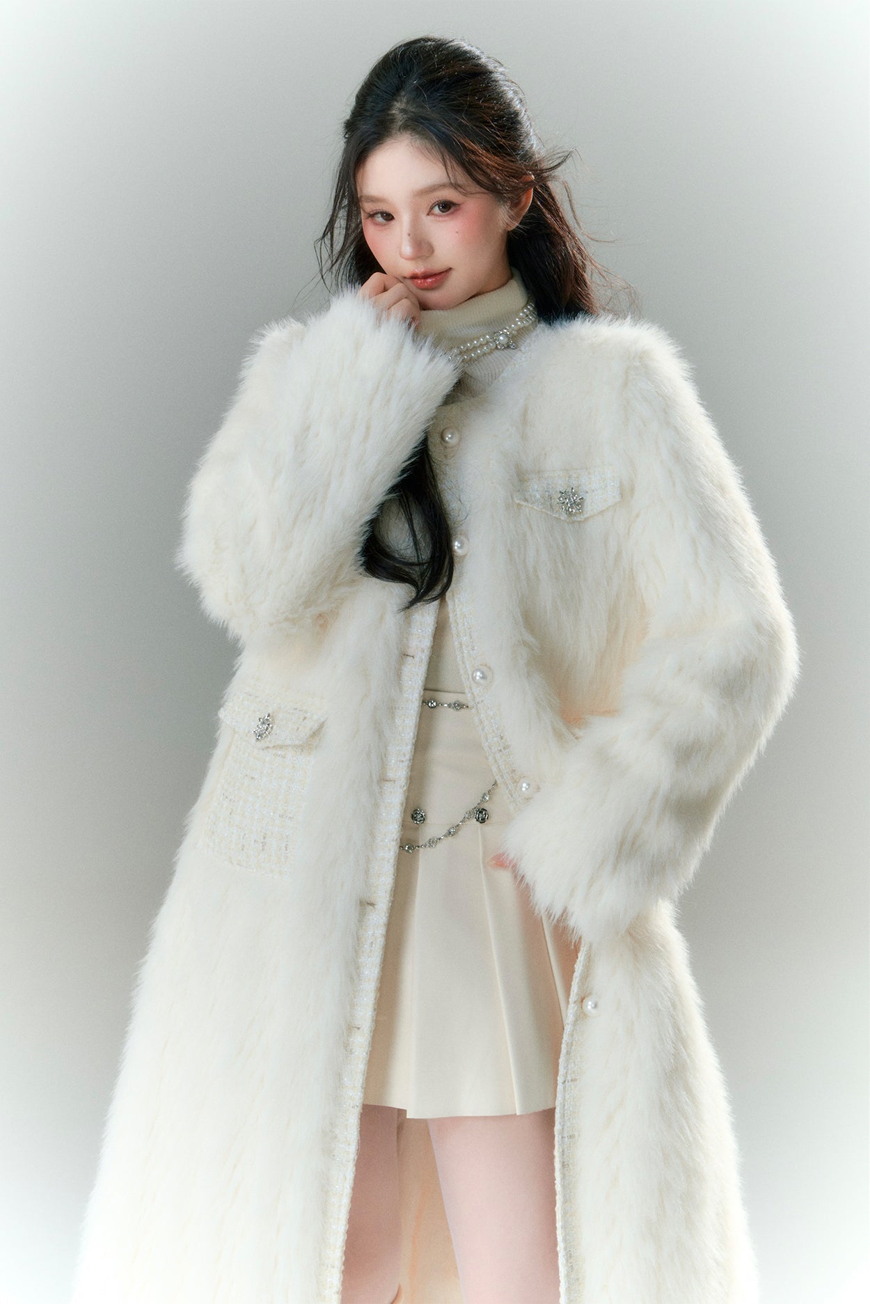 Imitation Fur Pearl Button Elegance Coat BBB0020