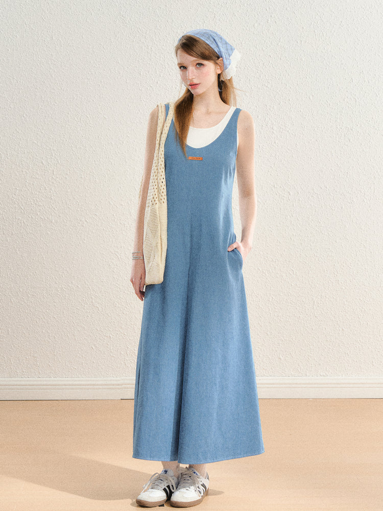 Center Pleats Design Denim Blue Long Dress SPE0061