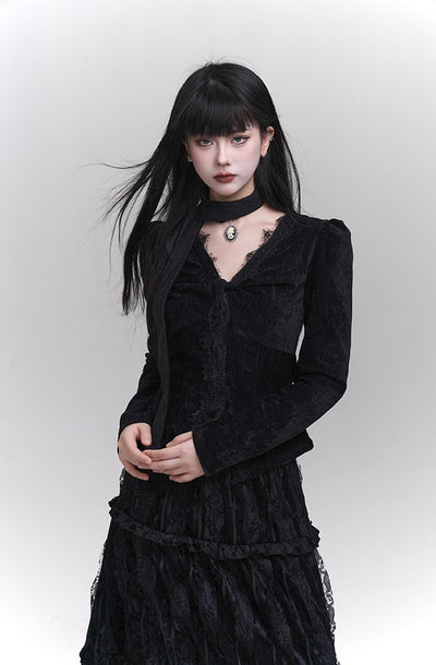 Black Velvet Top/Pleated Long Skirt LAD0125