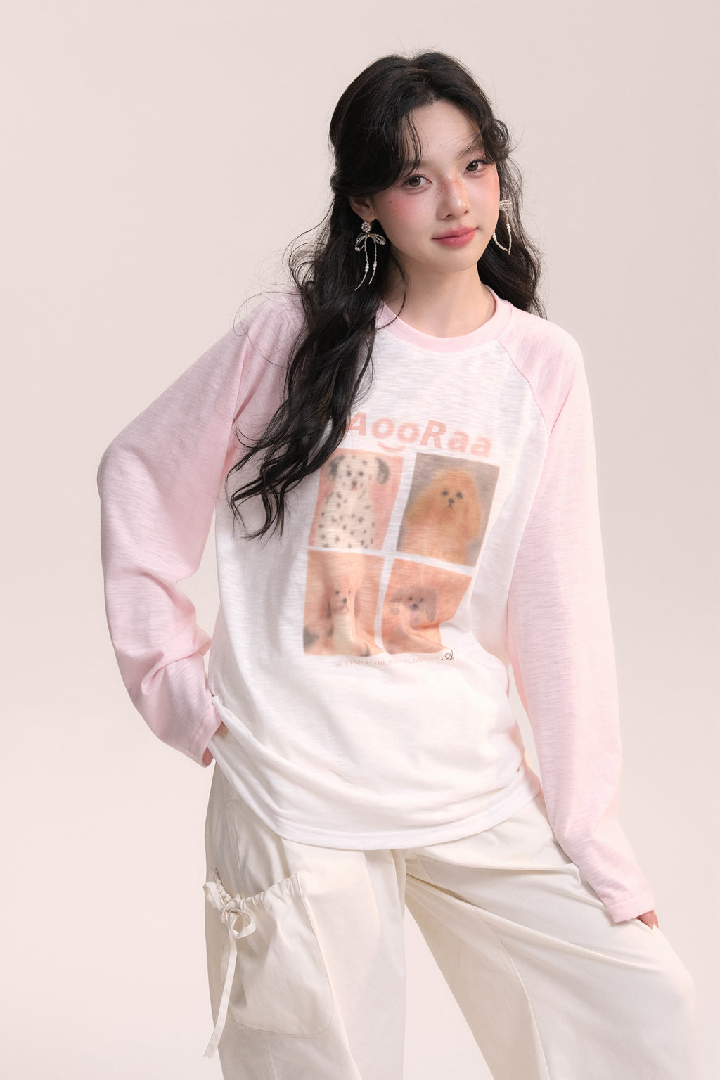 Dog Print Design Raglan Sleeve Long T-Shirt AOO0037