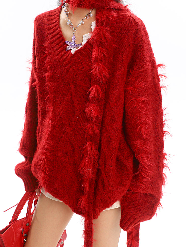 Red Scarf V-neck Twisted Sweater UNC0217