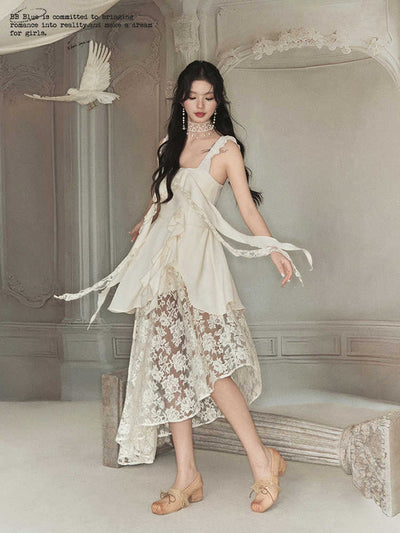 Sweet Rose Diagonal Hem Seaming Lace Sleeveless Dress BBB0085