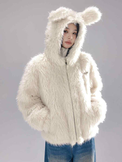 Long imitation fur jacket with rabbit ears hood LAC0250