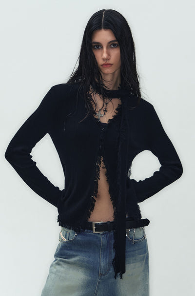 Soft Waisted Tasseled Fur Edge Slim Fit Cardigan WES0188