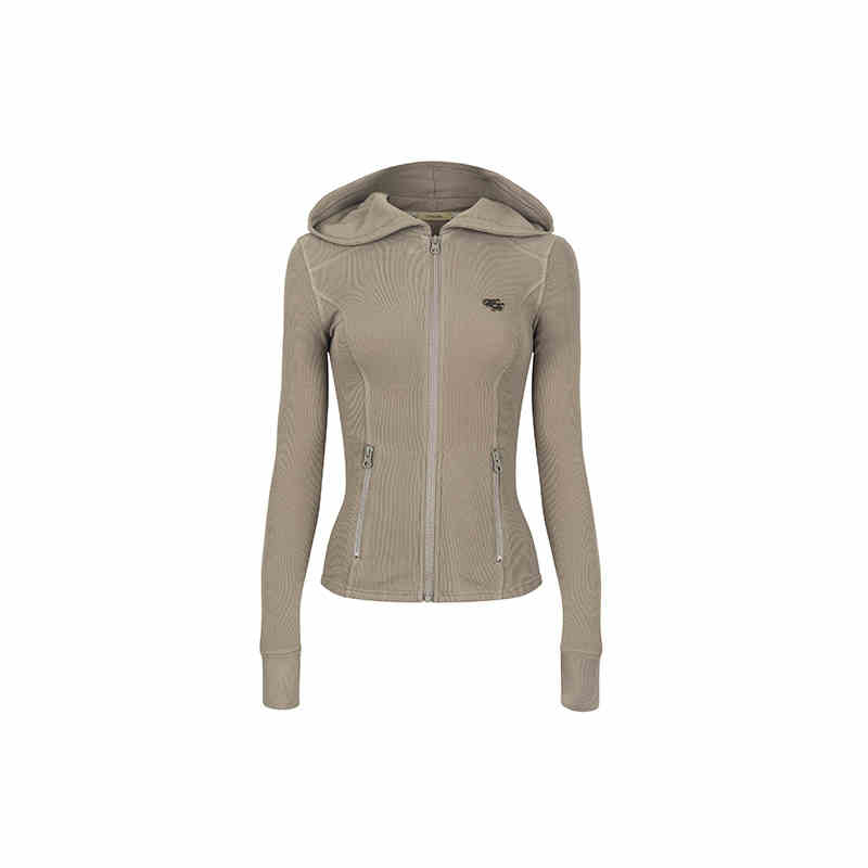 Slim Hoodie Top with Ribbed Knit Zip Design WOO0123