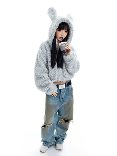 Rabbit Ear Hoodie Plush Fur Zip Jacket APE0341