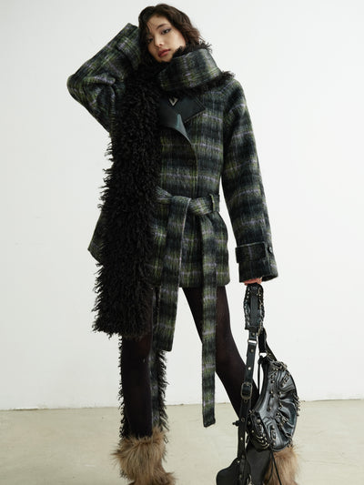 Retro Super Long Fur Scarf Plaid Coat JNY0204