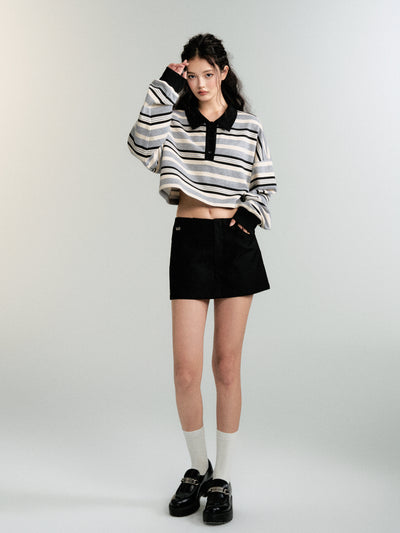 Contrast color striped long sleeve polo top LUL0085