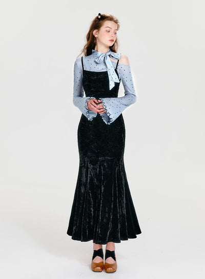 Off-shoulder Velvet Fake Two-piece Fishtail Dress BOH0052