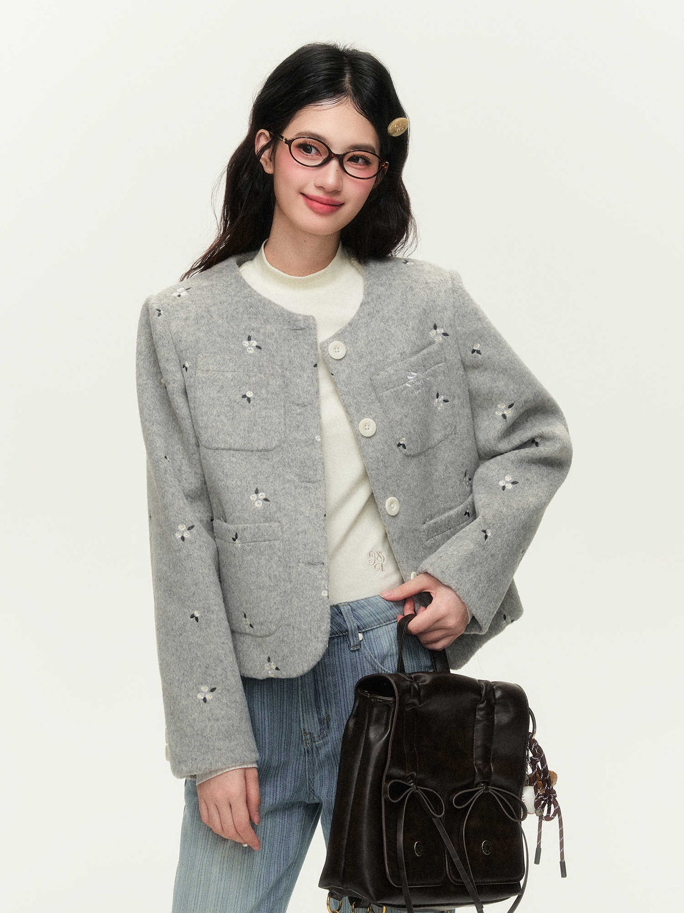 Lamb-wool blend pocket jacket with floral embroidery NTO0144