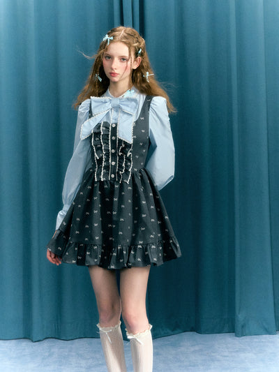 Blue-gray Bow Puff Sleeves Fake Two-piece Tutu Skirt Dress NAR0040