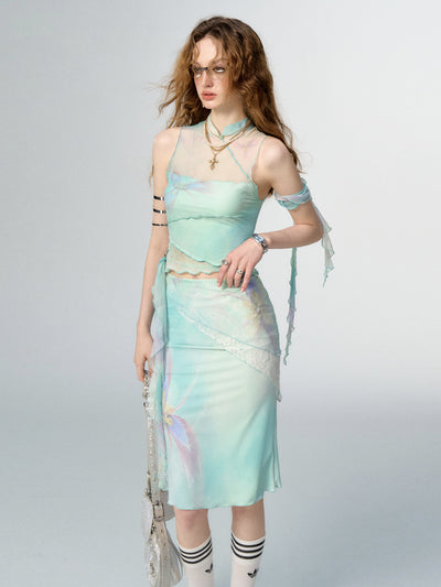 China Style Aurora Borealis Color See-through Sleeveless Top & Aurora Borealis Color Slim Skirt OFA0150