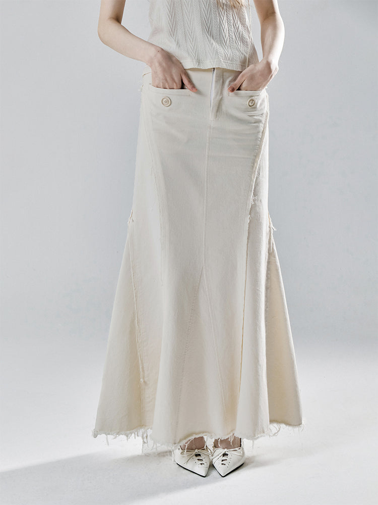 Long skirt with damaged hem mermaid silhouette & braided ethnic string belt SAL0029