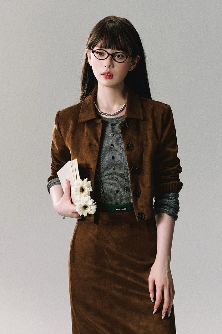 Splicing Suede Round Neck Short Jacket/Skirt OAK0260