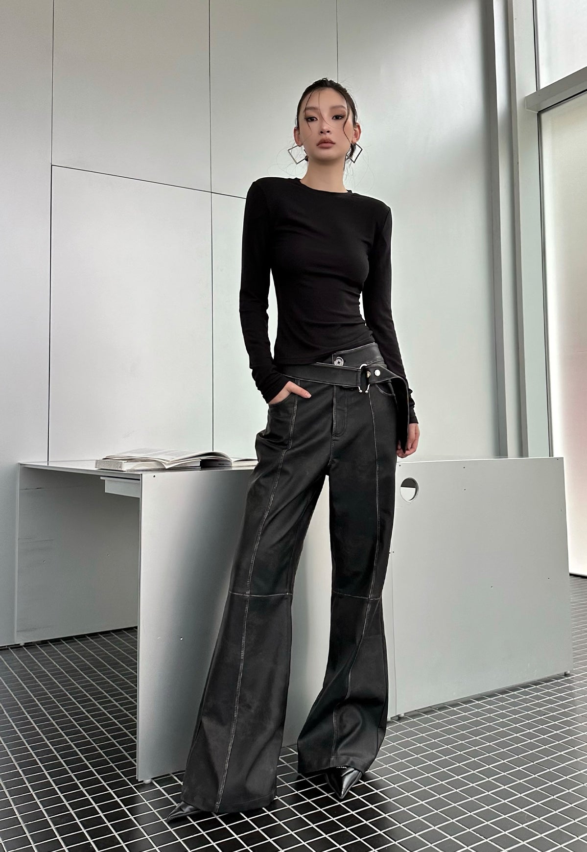 Leather Waist All-match Flared Slim Pants IAM0079