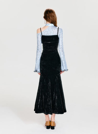 Off-shoulder Velvet Fake Two-piece Fishtail Dress BOH0052