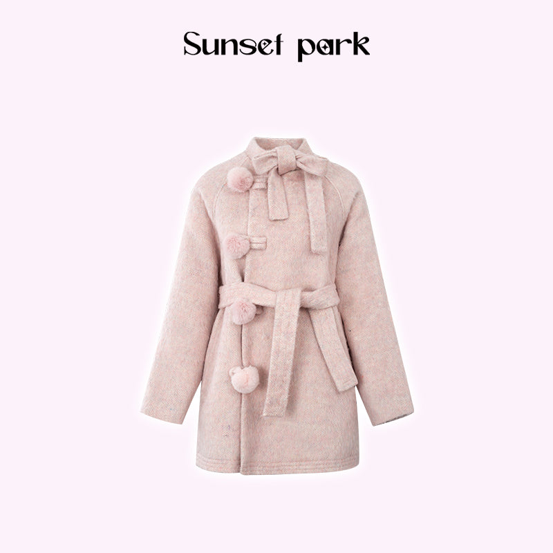 Fur ball button ribbon wool mid-length coat SUN0023
