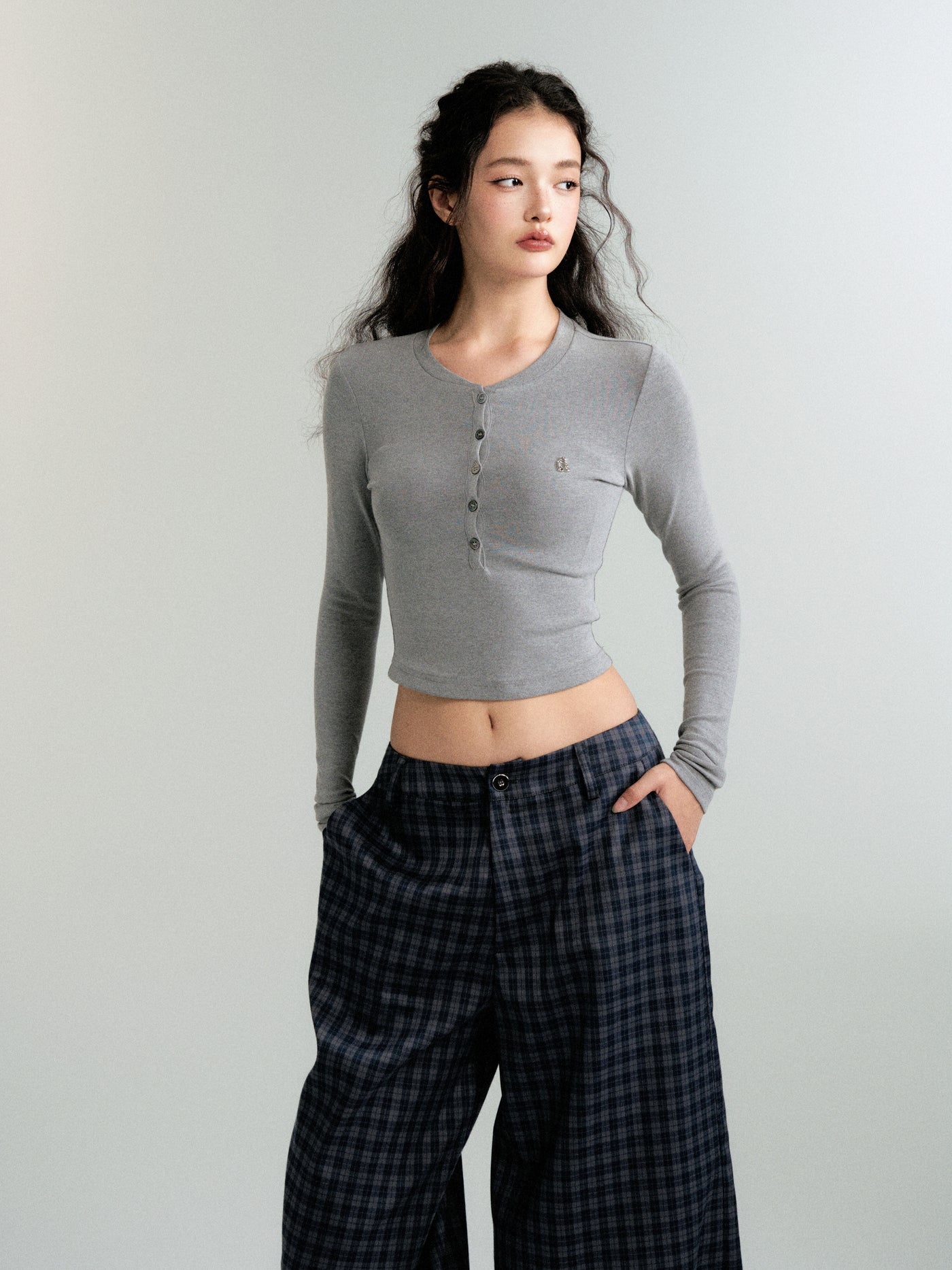 Checked wide-leg casual straight pants LUL0090