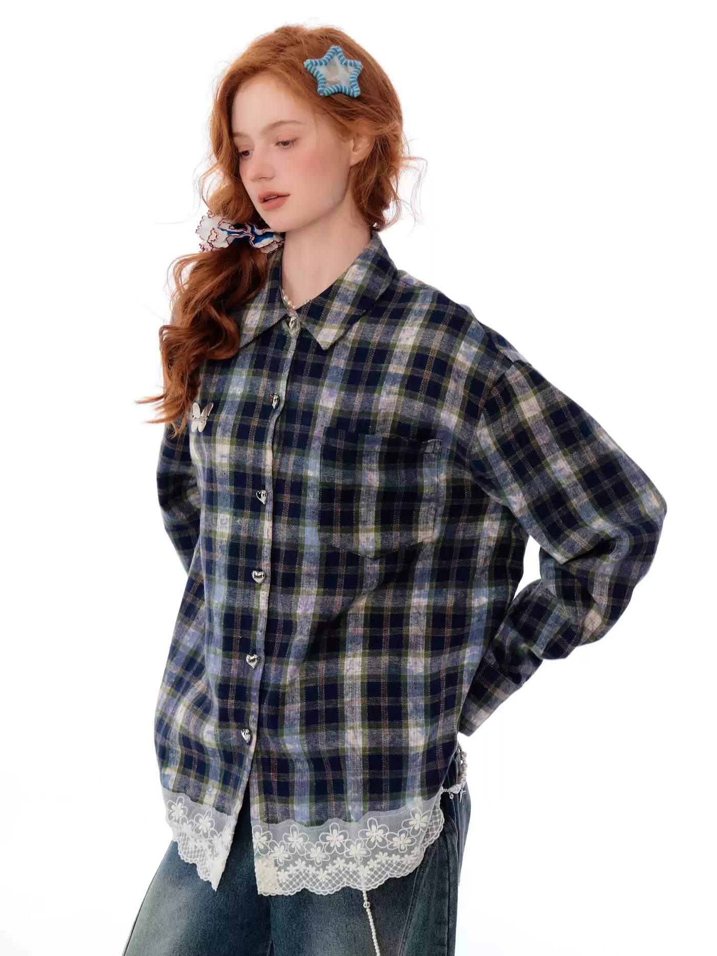 Lace Stitching Plaid Loose Shirt ZIZ0214