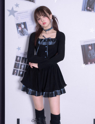 Blue Black Grid Knitted Cake Dress SAG0219