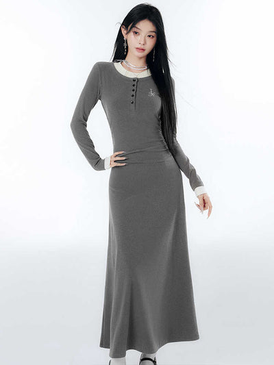 Contrast Color College Style A-line Long Dress LAC0241