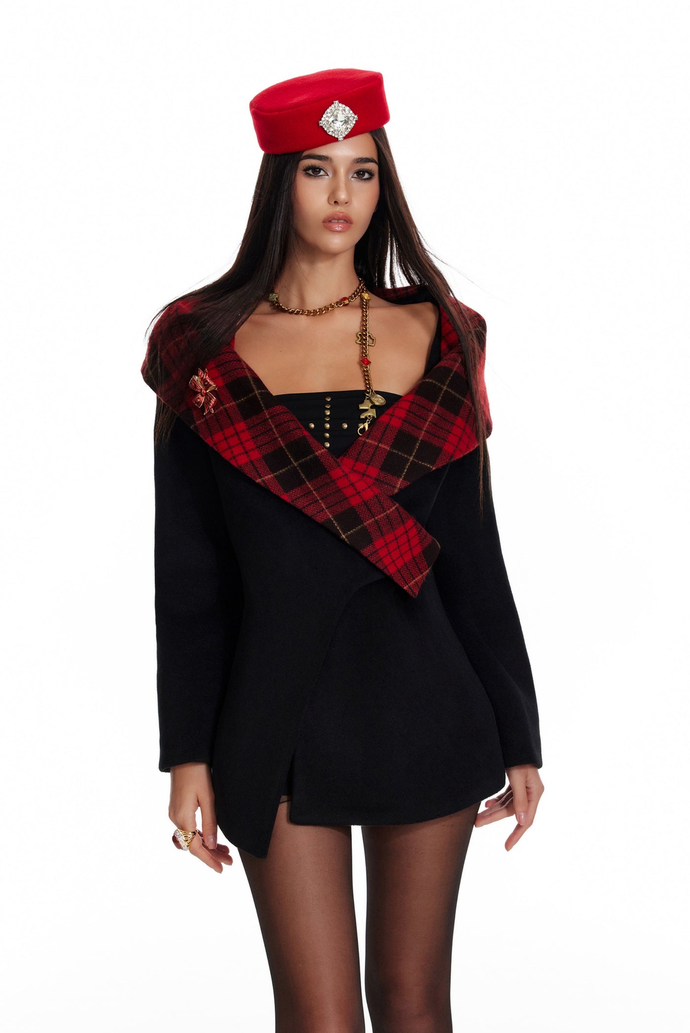 Plaid Hooded Mid-length Jacket 4MU0089