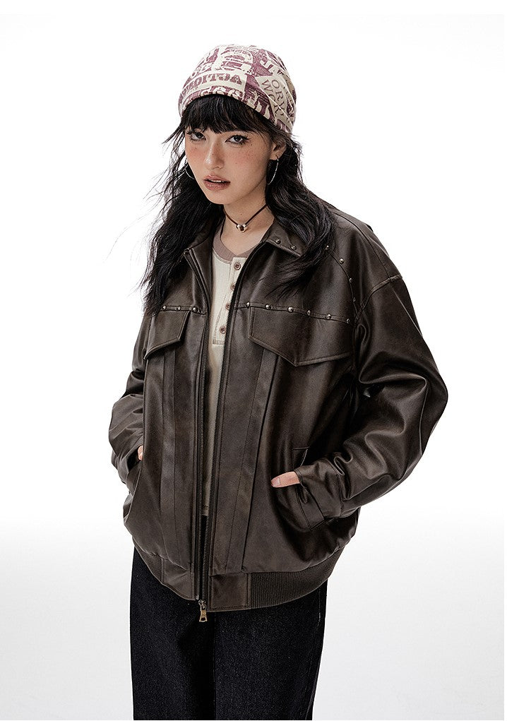 American Retro Loose Lapel Leather Jacket IMO0064