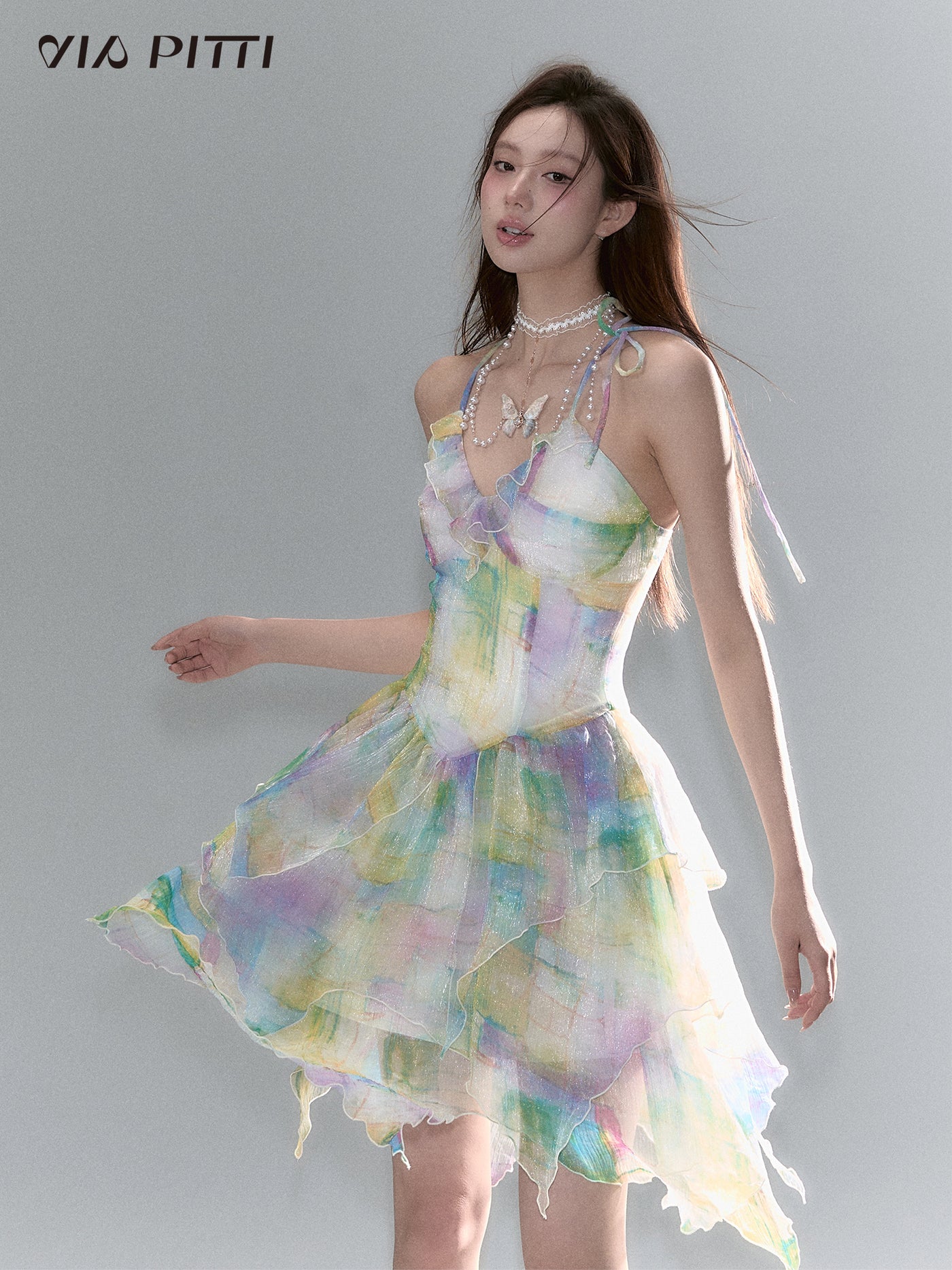 Aurora Color Ruffle Layered Camisole Dress VIA0097