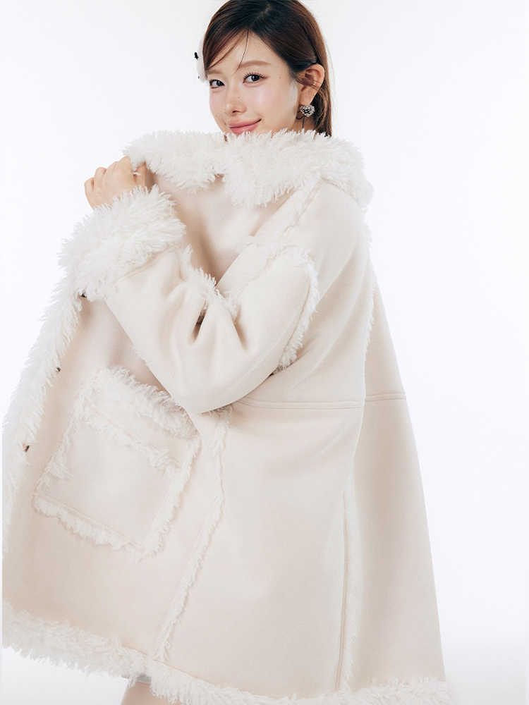 Eco-fur stitch mid-length suede coat LAC0246