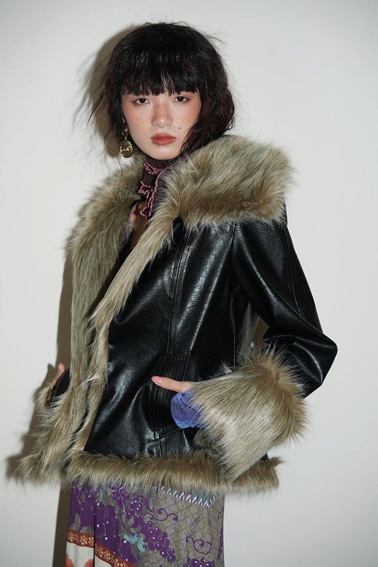 Retro Design Splicing Fur Collar Textured Leather Jacket BAD0046