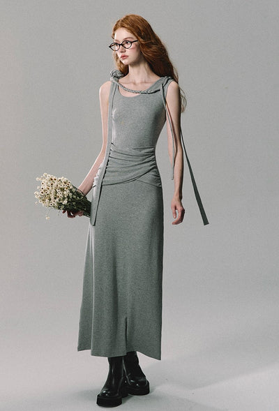 Gray Three-dimensional Flower Sculpture Long Dress OAK0238