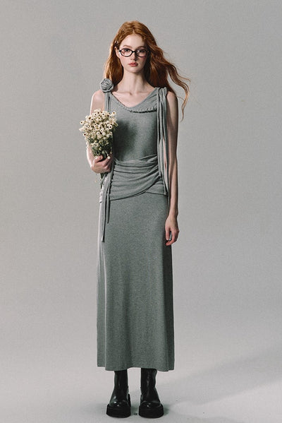 Gray Three-dimensional Flower Sculpture Long Dress OAK0238