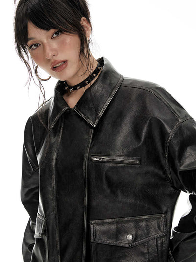 Retro Old Fashion Loose Leather Jacket IMO0052